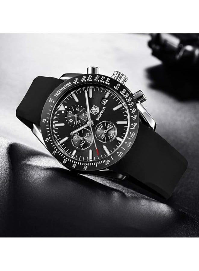 Mens Watch Waterproof Chronograph Date Watch for Men Rubber Strap Quartz Movement Analog Watch Business Casual Gift for Men