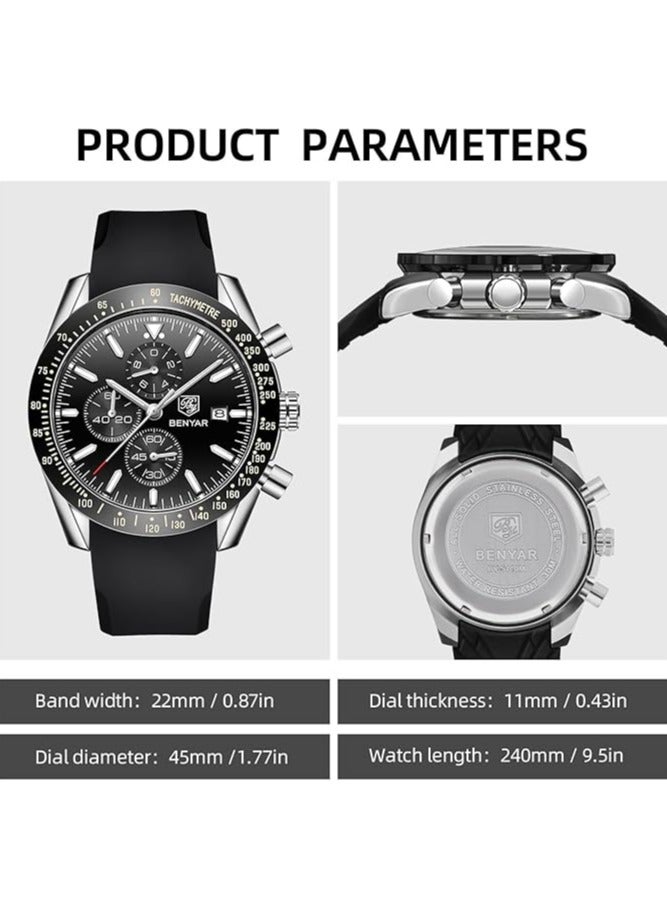 Mens Watch Waterproof Chronograph Date Watch for Men Rubber Strap Quartz Movement Analog Watch Business Casual Gift for Men