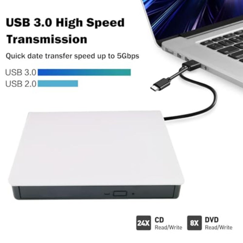 محرك أقراص DVD خارجي USB 3.0 Type-C DVD/CD ROM +/-RW محرك أقراص ضوئي للكمبيوتر المحمول وسطح المكتب Mac Windows 11/10 أبيض، قراءة/كتابة عالية السرعة - Image 3