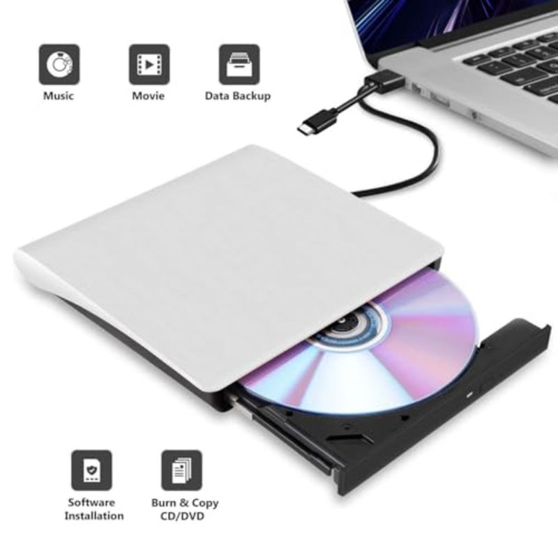 محرك أقراص DVD خارجي USB 3.0 Type-C DVD/CD ROM +/-RW محرك أقراص ضوئي للكمبيوتر المحمول وسطح المكتب Mac Windows 11/10 أبيض، قراءة/كتابة عالية السرعة - Image 4