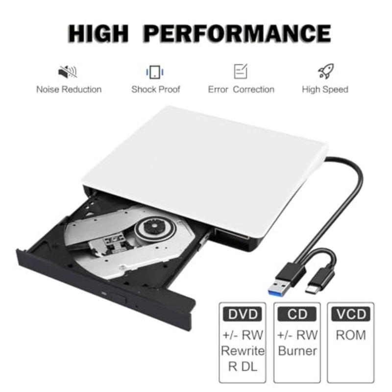 محرك أقراص DVD خارجي USB 3.0 Type-C DVD/CD ROM +/-RW محرك أقراص ضوئي للكمبيوتر المحمول وسطح المكتب Mac Windows 11/10 أبيض، قراءة/كتابة عالية السرعة - Image 2