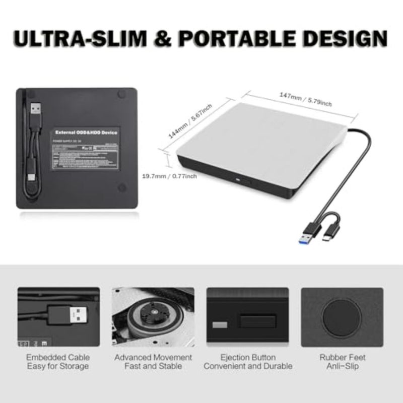 محرك أقراص DVD خارجي USB 3.0 Type-C DVD/CD ROM +/-RW محرك أقراص ضوئي للكمبيوتر المحمول وسطح المكتب Mac Windows 11/10 أبيض، قراءة/كتابة عالية السرعة - Image 5