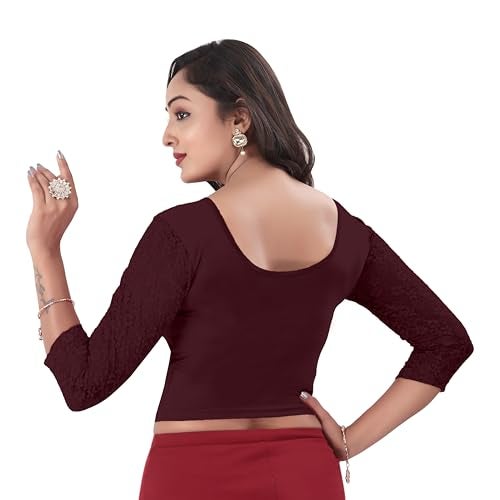 DESI GIRL - Round Neck Cotton Lycra Regular Fit Saree Blouse for Women | 3/4 Net Sleeve Readymade Stretchy Plain Design Festive Blouse Perfect for Saree, Lehenga, Kurti | Maroon - 36 - Image 3