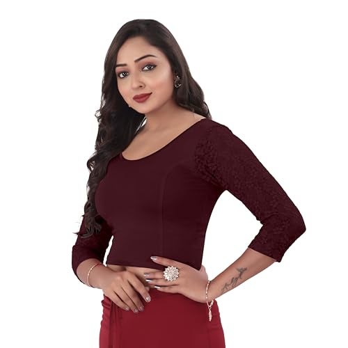 DESI GIRL - Round Neck Cotton Lycra Regular Fit Saree Blouse for Women | 3/4 Net Sleeve Readymade Stretchy Plain Design Festive Blouse Perfect for Saree, Lehenga, Kurti | Maroon - 36 - Image 2