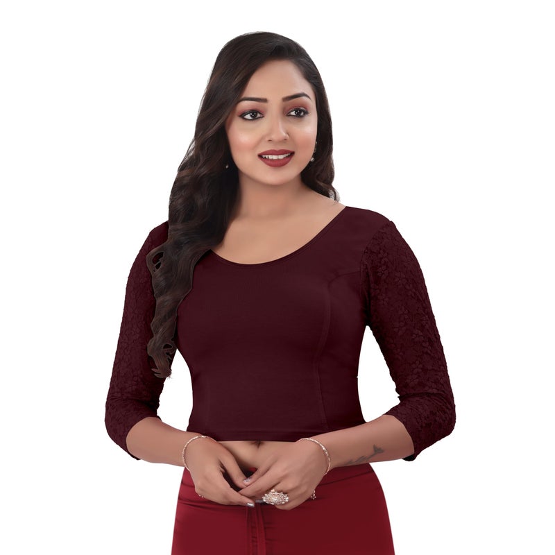 DESI GIRL - Round Neck Cotton Lycra Regular Fit Saree Blouse for Women | 3/4 Net Sleeve Readymade Stretchy Plain Design Festive Blouse Perfect for Saree, Lehenga, Kurti | Maroon - 36 - Image 5