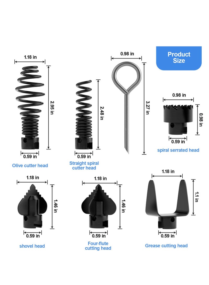 SOLARAE 7PCS Drain Cleaner Combination Cutter Head Set,16mm Manganese Steel Spring Automatic Locking Drain Dredging Cutter Head Accessories for Drain Cleaning Machines - Image 2