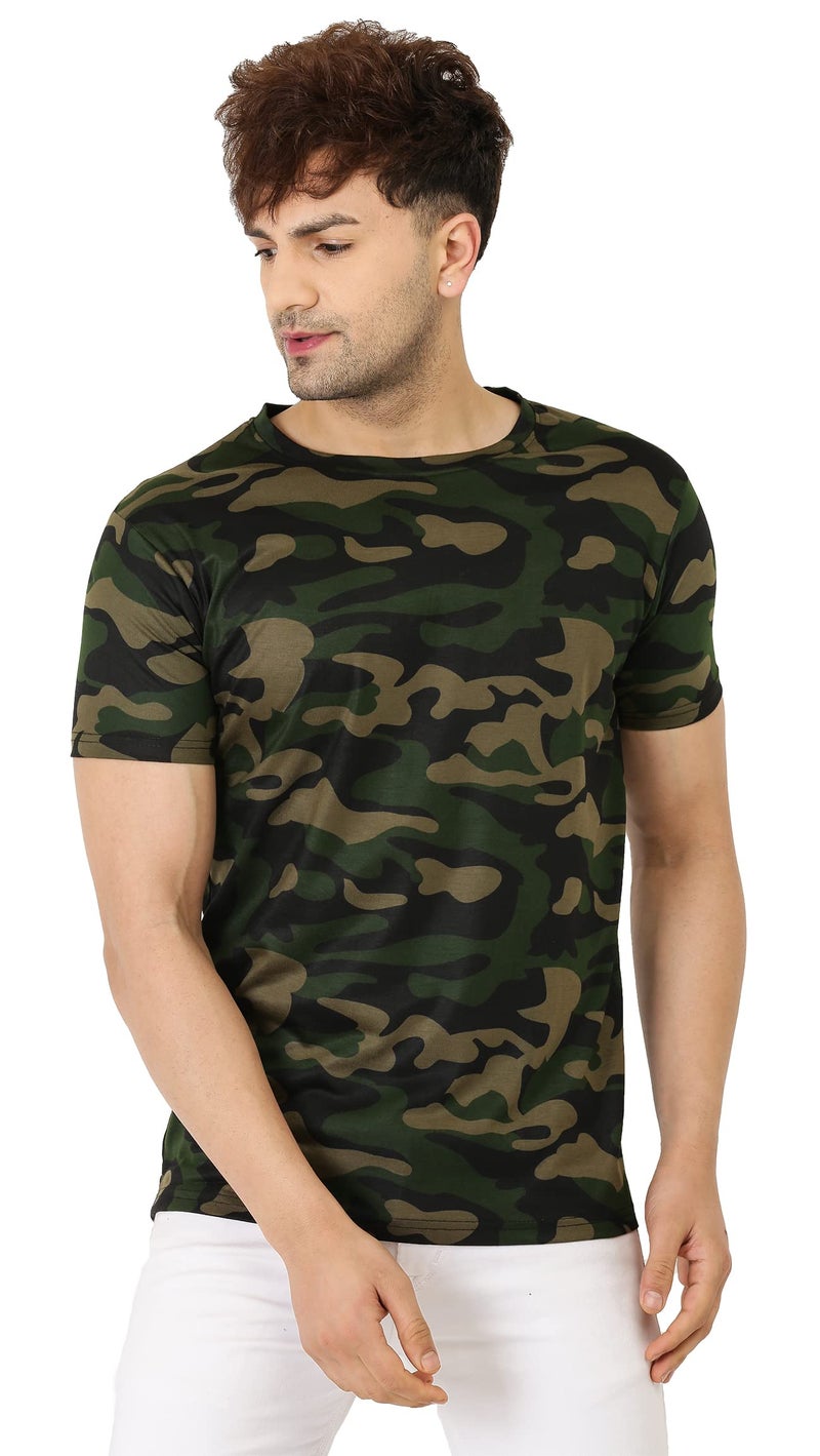 LEOTUDE Men Cotton Blend Regular Fit Half Sleeve Round Neck t shirt (99_CAMO_Mix_P_Olive_2XL) - Image 2