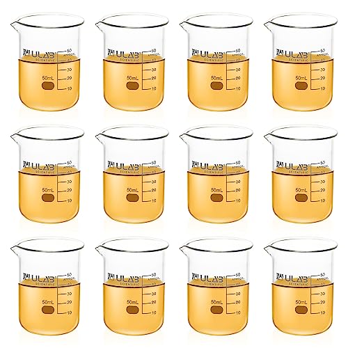 ULAB Scientific Glass Beakers Shot Glass, Vol. 50ml, 3.3 Borosilicate Griffin Low Form with Printed Graduation, Pack of 12, UBG1013 - Image 1