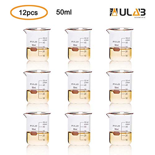 ULAB Scientific Glass Beakers Shot Glass, Vol. 50ml, 3.3 Borosilicate Griffin Low Form with Printed Graduation, Pack of 12, UBG1013 - Image 2