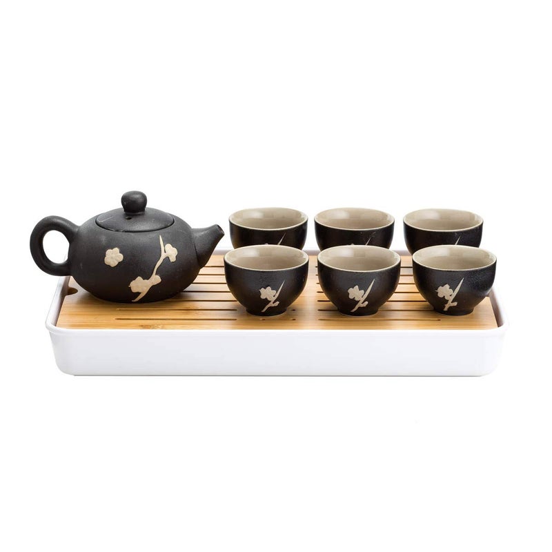 TJ Global ChineseJapanese Ceramic Tea Set 100 Handmade Traditional Tea Ceremony Set with Teapots 6 Teacups Bamboo Tea Tray with Drainage Black