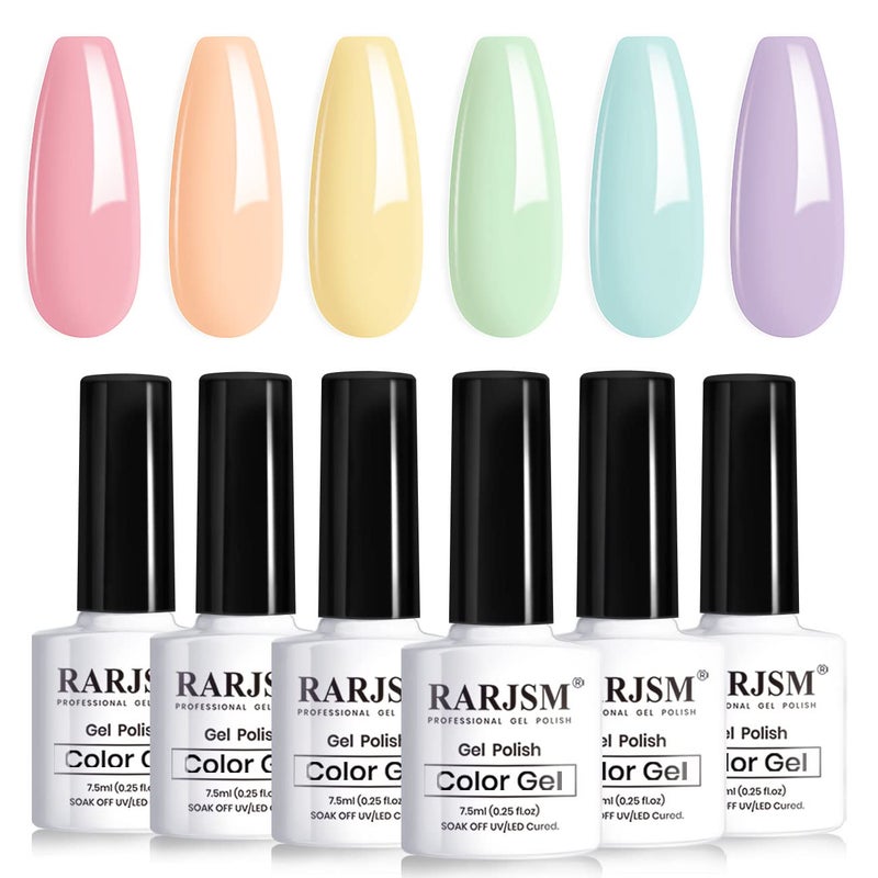 RARJSM Gel Nail Polish Set 6Pcs Pastel Gel Polish Rainbow Colors Kit Soak off UV Spring Summer Ice Cream Varnish Nail Art Salon Manicure at Home(Pink Orange Yellow Green Blue Purple) - Image 1
