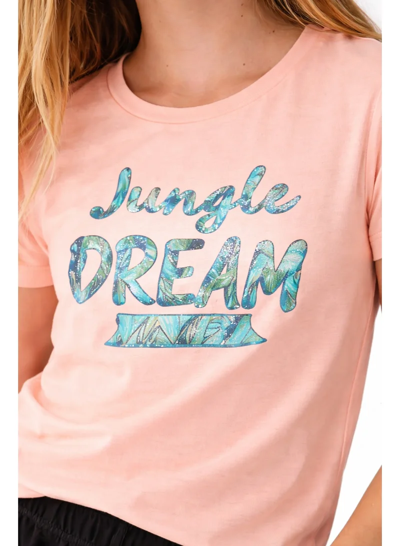 ورباسي تيشيرت بناتي وردي لامع مطبوع بياقة مستديرة من أورباسي