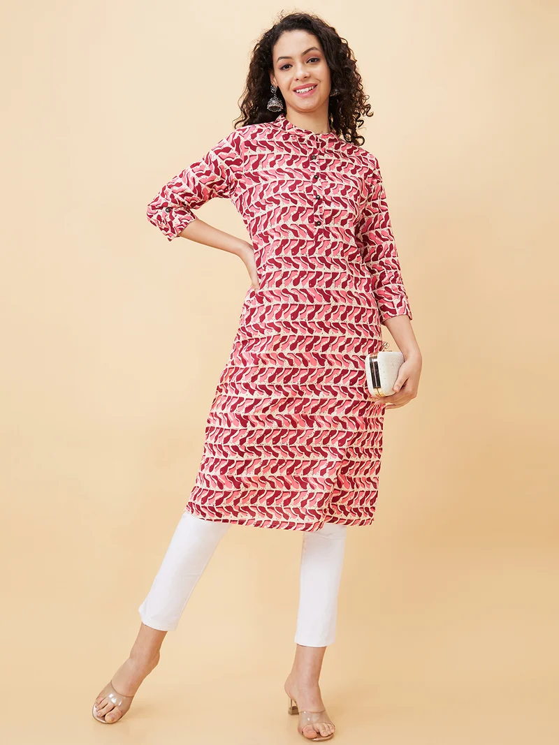 globus Women Pink Geometric Printed Mandarin Collar Cotton Regular Kurta