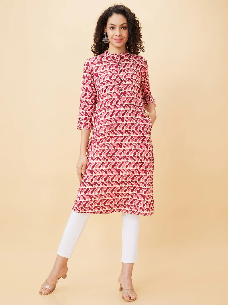 globus Women Pink Geometric Printed Mandarin Collar Cotton Regular Kurta