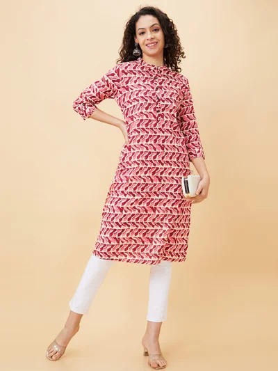 globus Globus Women Pink Geometric Printed Mandarin Collar Cotton Regular Kurta