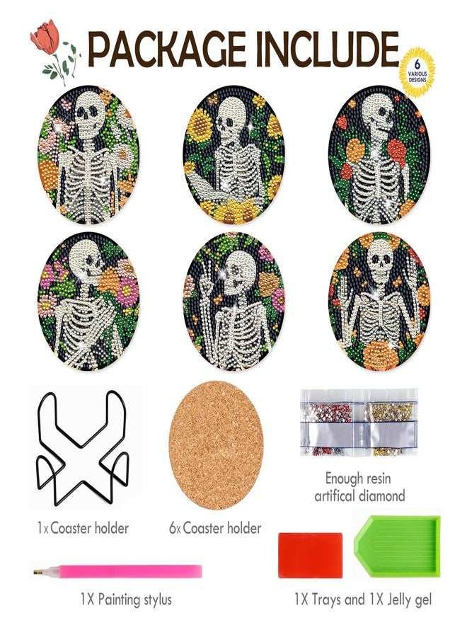 INCOK Skull Diamond Art Coasters - 6 PCS DIY Sunflower Diamond Painting Coasters Kits Home Table Decor Art Craft Supplies Birthday The Day of Dead Gift for Adults Beginners Skull Lovers Mexicans - Image 4