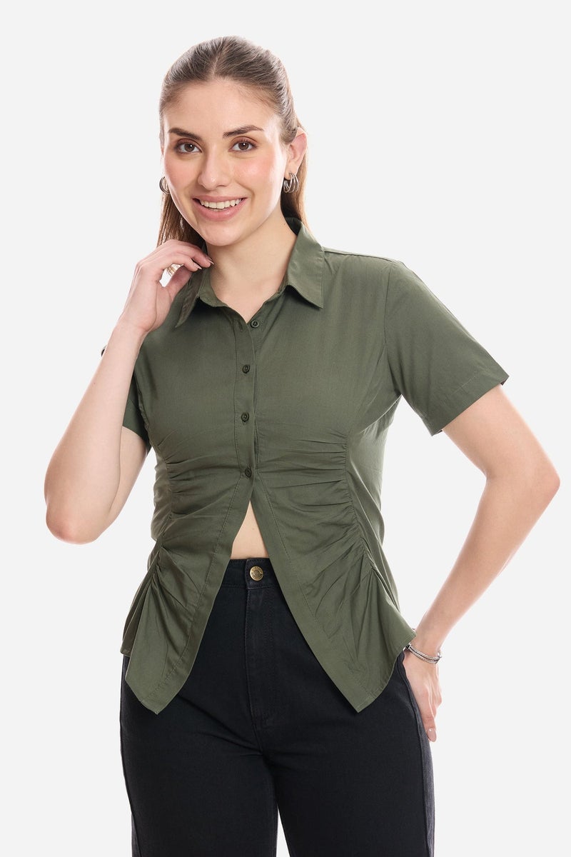 Virgio Solid Cotton Shirt With Asymmetric Hem for Women - Image 1