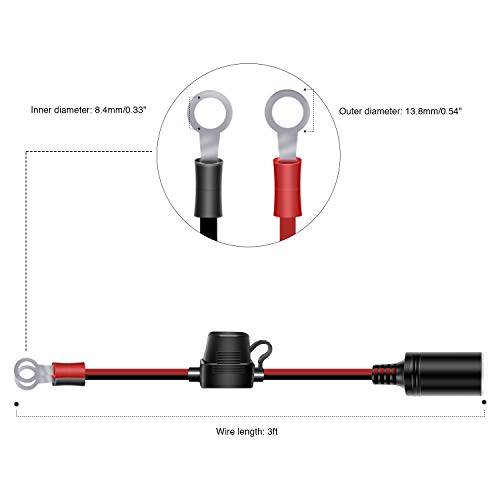 Nilight Female Cigarette Lighter Outlet 3Ft + Eyelet Terminal Plug and Blade Fuse Holder 12V 16AWG Heavy Duty Cable Accessory DC Power 12 24Volt Socket for Car Tire Inflator Air Pum - Image 3