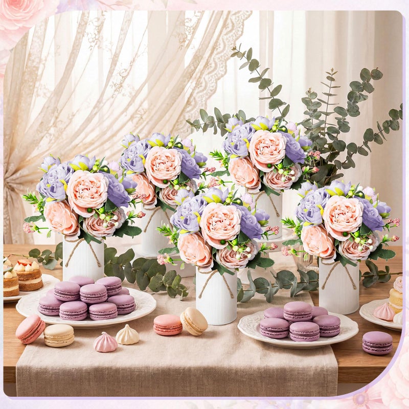 Domensi 6 Sets Wedding Floral Centerpiece for Table Decor, Artificial Peonies Silk Flowers Bouquet with Flower Foam and Metal Vase Faux Floral Arrangement for Bridal Shower Tea Party (Purple Pink) - Image 4