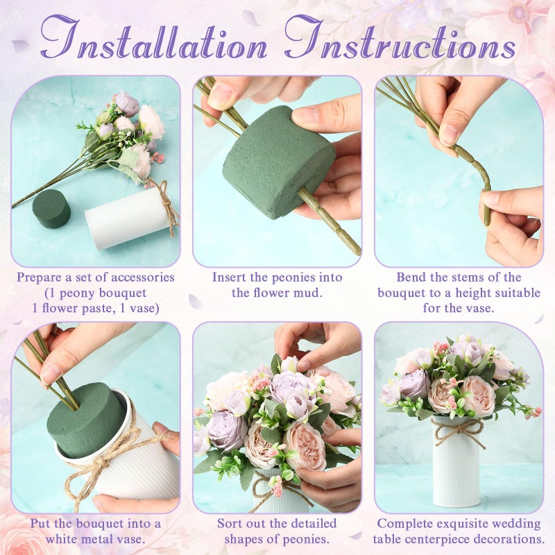 Domensi 6 Sets Wedding Floral Centerpiece for Table Decor, Artificial Peonies Silk Flowers Bouquet with Flower Foam and Metal Vase Faux Floral Arrangement for Bridal Shower Tea Party (Purple Pink) - Image 5