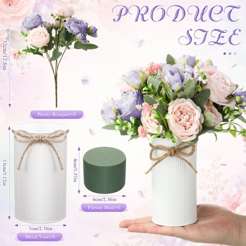 Domensi 6 Sets Wedding Floral Centerpiece for Table Decor, Artificial Peonies Silk Flowers Bouquet with Flower Foam and Metal Vase Faux Floral Arrangement for Bridal Shower Tea Party (Purple Pink) - Image 2