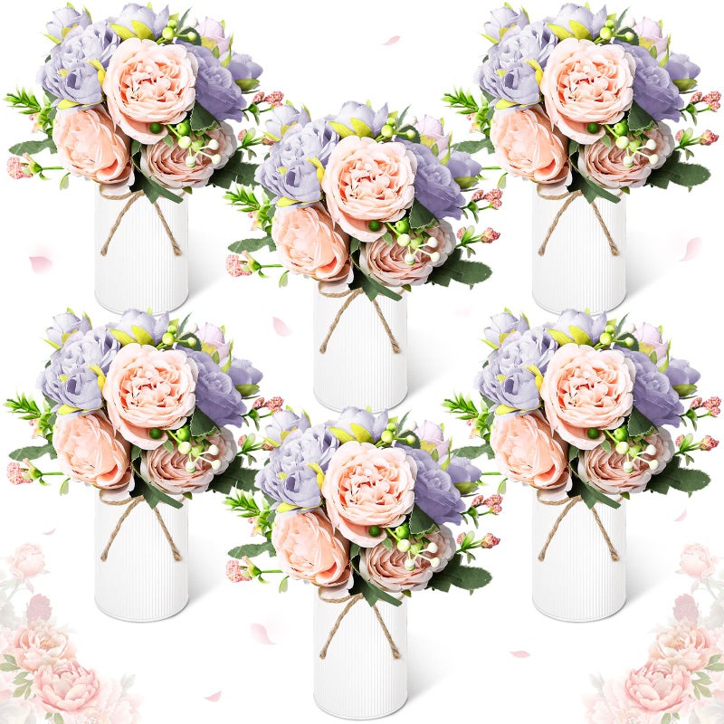 Domensi 6 Sets Wedding Floral Centerpiece for Table Decor, Artificial Peonies Silk Flowers Bouquet with Flower Foam and Metal Vase Faux Floral Arrangement for Bridal Shower Tea Party (Purple Pink) - Image 1