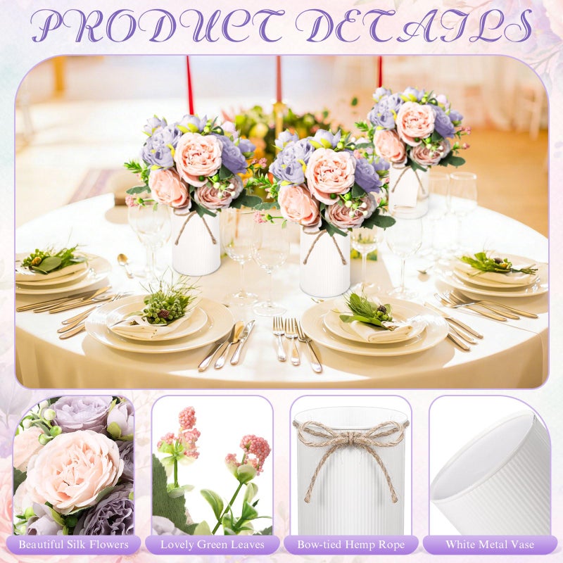 Domensi 6 Sets Wedding Floral Centerpiece for Table Decor, Artificial Peonies Silk Flowers Bouquet with Flower Foam and Metal Vase Faux Floral Arrangement for Bridal Shower Tea Party (Purple Pink) - Image 3