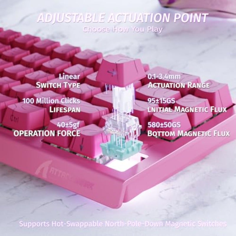 لوحة مفاتيح الألعاب ذات استجابة سريعة مدلـــول ATTACK SHARK X68 HE بسرعة 8000 هرتز، استجابة محسنة بمفتاح مغناطيسي وتفعيل سريع ولمسة ثابتة بدقة 0.01 مم، مع إضاءة RGB، مناسبة لأجهزة الكمبيوتر وماك، باللون الوردي - Image 4