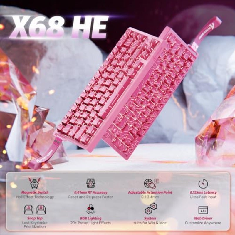 لوحة مفاتيح الألعاب ذات استجابة سريعة مدلـــول ATTACK SHARK X68 HE بسرعة 8000 هرتز، استجابة محسنة بمفتاح مغناطيسي وتفعيل سريع ولمسة ثابتة بدقة 0.01 مم، مع إضاءة RGB، مناسبة لأجهزة الكمبيوتر وماك، باللون الوردي - Image 2