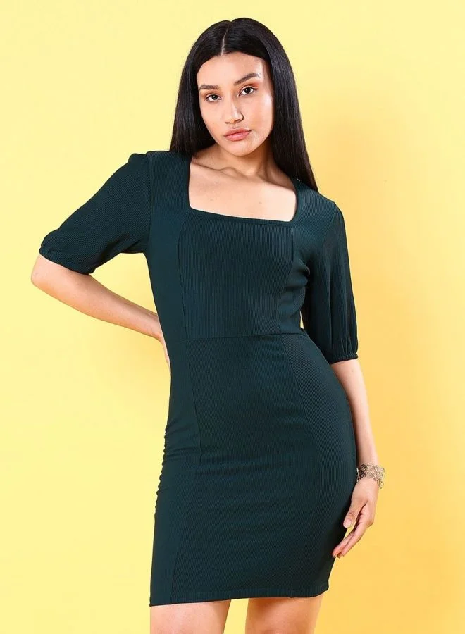 Women Regular Fit Solid Square Neck Short Sleeve Dress