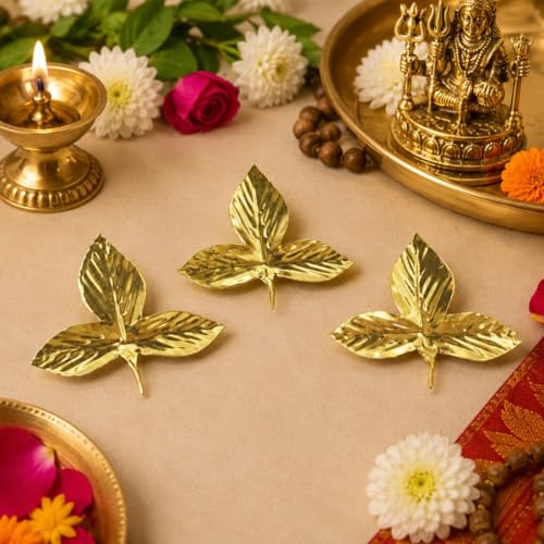 MAYAPURI Original Pure Brass Bel Patta or Pital Puja Bel Patra/Bilva Patra/Bael Leaves for Pooja, For Religious and Worship use, Mandir Decoration (Pack of 3) - Image 1