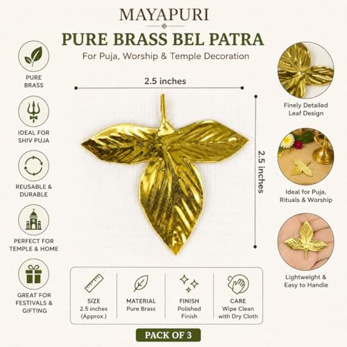 MAYAPURI Original Pure Brass Bel Patta or Pital Puja Bel Patra/Bilva Patra/Bael Leaves for Pooja, For Religious and Worship use, Mandir Decoration (Pack of 3) - Image 3