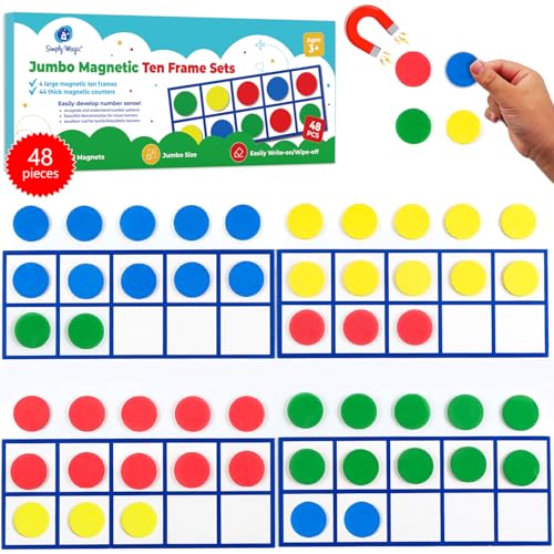 Simply magic 48 PCS Magnetic Ten Frames - Math Manipulatives for Elementary Classroom & Kindergarten - 4 Ten Frames & 44 Math Counters for Kids, Math Games for Kindergarten - Jumbo Ten Frame Set - Image 1
