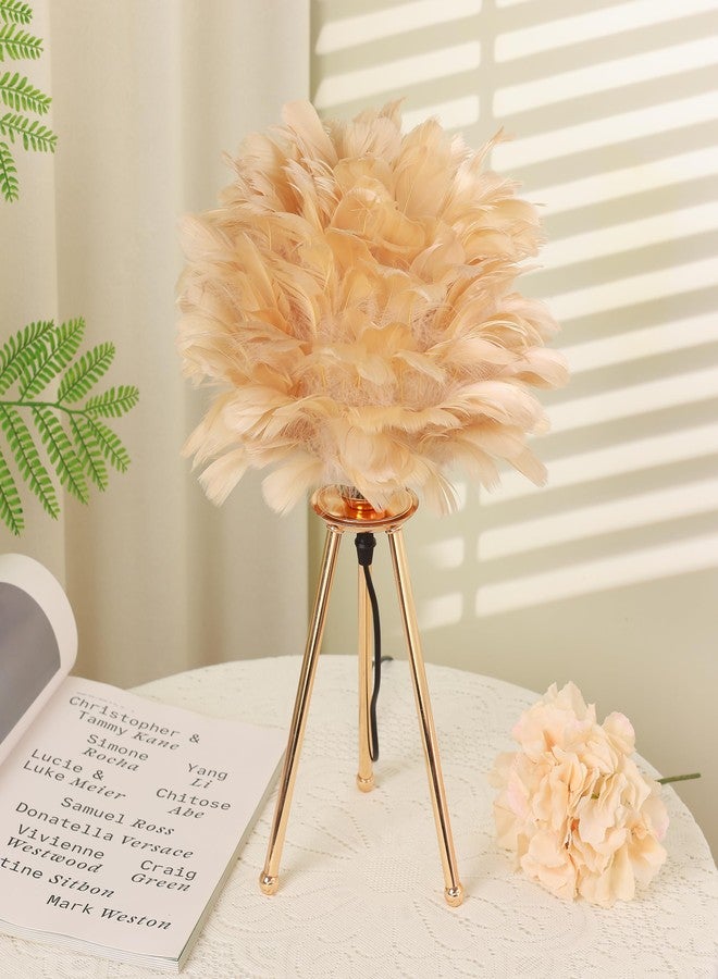 HOME ELEMENTS Feather,Metal Modern Feather Shade Table Lamp with Tripod Stand,LED Night Lamp for Bedroom Living Room Home Decor Warm Light Classic Bedside Desk Lamp Study Lamp Nightstand Lamp(Beige) - Image 4