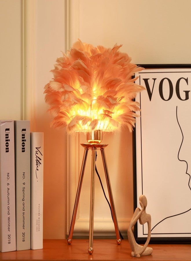 HOME ELEMENTS Feather,Metal Modern Feather Shade Table Lamp with Tripod Stand,LED Night Lamp for Bedroom Living Room Home Decor Warm Light Classic Bedside Desk Lamp Study Lamp Nightstand Lamp(Beige) - Image 1