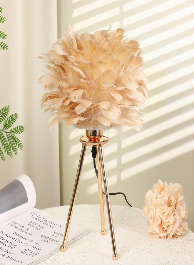 HOME ELEMENTS Feather,Metal Modern Feather Shade Table Lamp with Tripod Stand,LED Night Lamp for Bedroom Living Room Home Decor Warm Light Classic Bedside Desk Lamp Study Lamp Nightstand Lamp(Beige) - Image 3