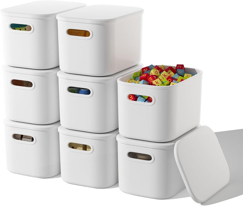 ORGIDOL 8 Pack White Storage Bins with Lids Stackable Storage Container for Organizing, Storage Boxes with Handle for Shelves, Cute Storage Bin for Craft, Snacks, 9.85x6.9x5.7 inch - Image 1