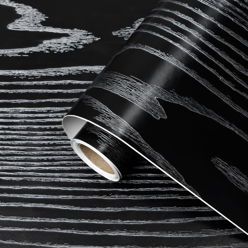 Qianglive Thick Silver and Black Wood Contact Paper Peel and Stick Wallpaper Wood Grain Wallpaper for Countertops Cabinets Waterproof Self Adhesive Removable Textured Vinyl Roll 157x236 - Image 2