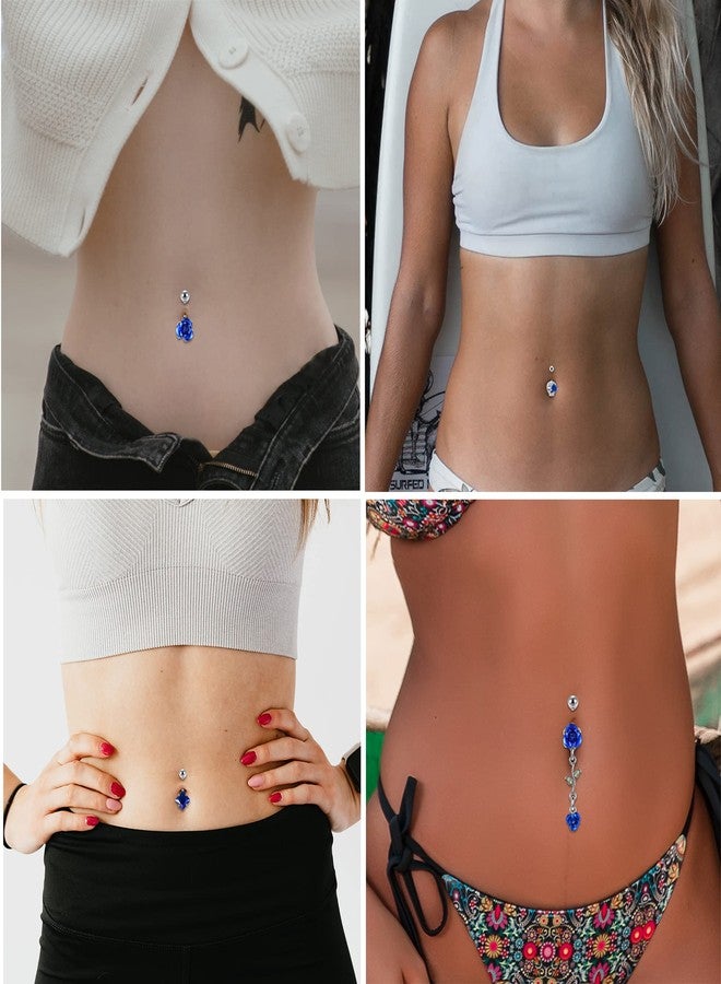 Jovivi 5 Pcs 14G Belly Button Rings Dangle Surgical Stainless Steel Blue Cubic Zirconia Rose Flwoer Navel Barbell Stud Body Piercing - Image 3
