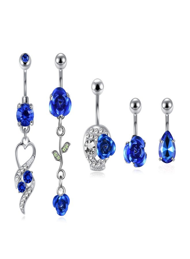 Jovivi 5 Pcs 14G Belly Button Rings Dangle Surgical Stainless Steel Blue Cubic Zirconia Rose Flwoer Navel Barbell Stud Body Piercing - Image 1