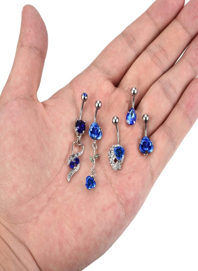 Jovivi 5 Pcs 14G Belly Button Rings Dangle Surgical Stainless Steel Blue Cubic Zirconia Rose Flwoer Navel Barbell Stud Body Piercing - Image 5
