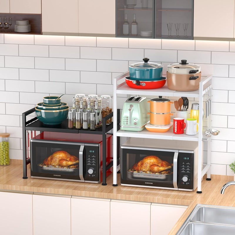 HOOKOR Microwave Stand Shelf countertop,3-Tier Expandable Microwave Oven Rack with Hooks,Kitchen Counter Top Organizer and storage, Height and Length Adjustable,100lb Weight Capacity(White) - Image 5