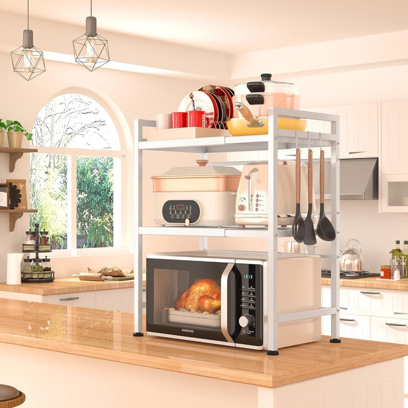 HOOKOR Microwave Stand Shelf countertop,3-Tier Expandable Microwave Oven Rack with Hooks,Kitchen Counter Top Organizer and storage, Height and Length Adjustable,100lb Weight Capacity(White) - Image 2