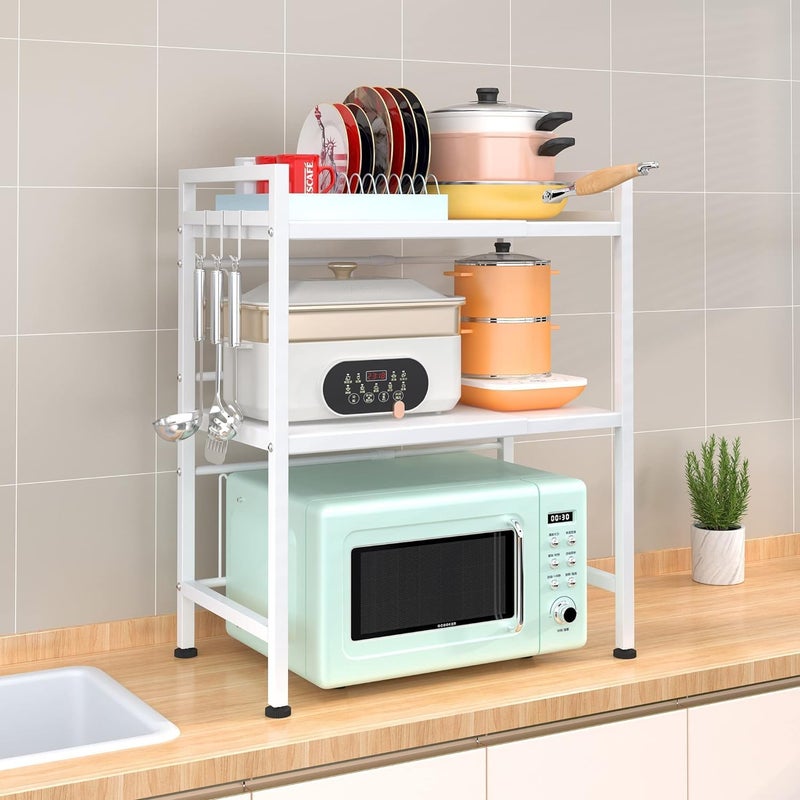 HOOKOR Microwave Stand Shelf countertop,3-Tier Expandable Microwave Oven Rack with Hooks,Kitchen Counter Top Organizer and storage, Height and Length Adjustable,100lb Weight Capacity(White) - Image 1