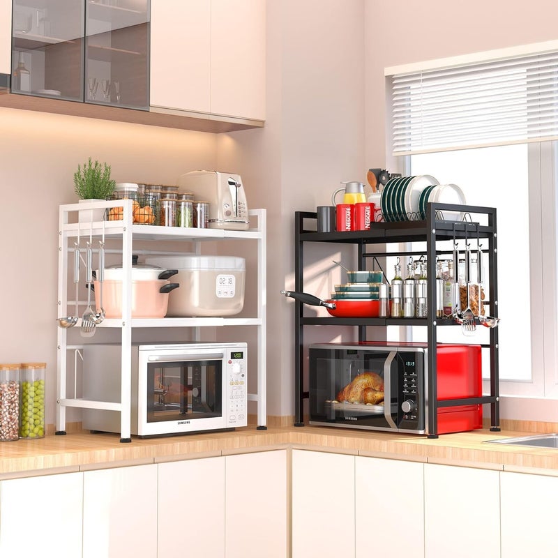 HOOKOR Microwave Stand Shelf countertop,3-Tier Expandable Microwave Oven Rack with Hooks,Kitchen Counter Top Organizer and storage, Height and Length Adjustable,100lb Weight Capacity(White) - Image 4