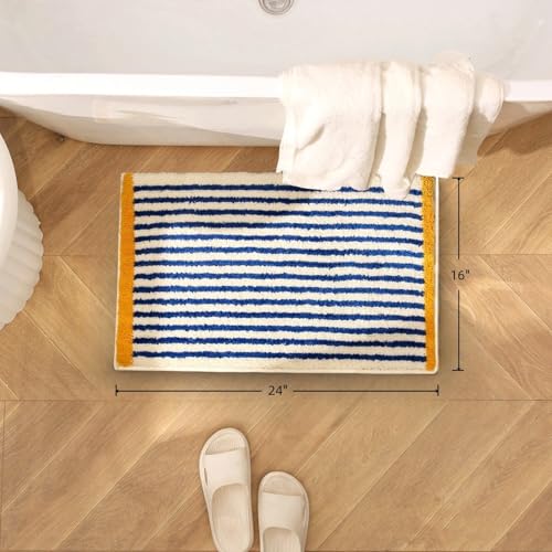 GIB cleaningtool GIB Bathroom Rugs Mat 24 x 16 Extra Soft Absorbent Plush Fluffy Bath Rugs NonSlip Washable Bath Mats for Bathroom Floor Shower Home Decor Accessories Blue White Striped with Yellow Accents - Image 3