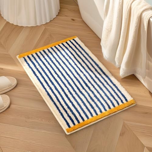 GIB cleaningtool GIB Bathroom Rugs Mat 24 x 16 Extra Soft Absorbent Plush Fluffy Bath Rugs NonSlip Washable Bath Mats for Bathroom Floor Shower Home Decor Accessories Blue White Striped with Yellow Accents - Image 1