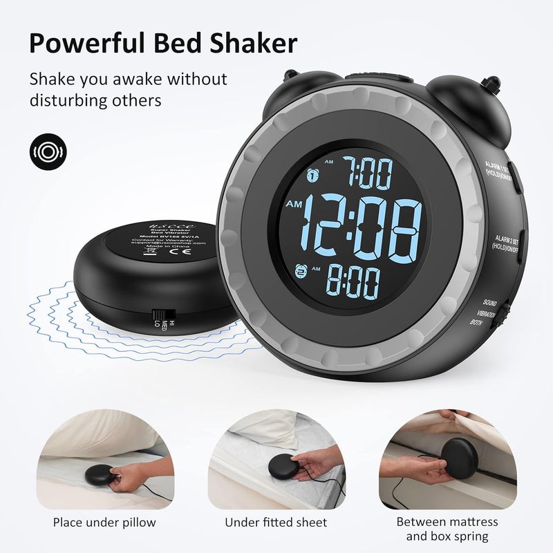 uscce Loud Dual Alarm Clock with Bed Shaker - Vibrating Alarm Clock for Heavy Sleepers, USB Charging Port, Snooze, Battery Backup - Image 2