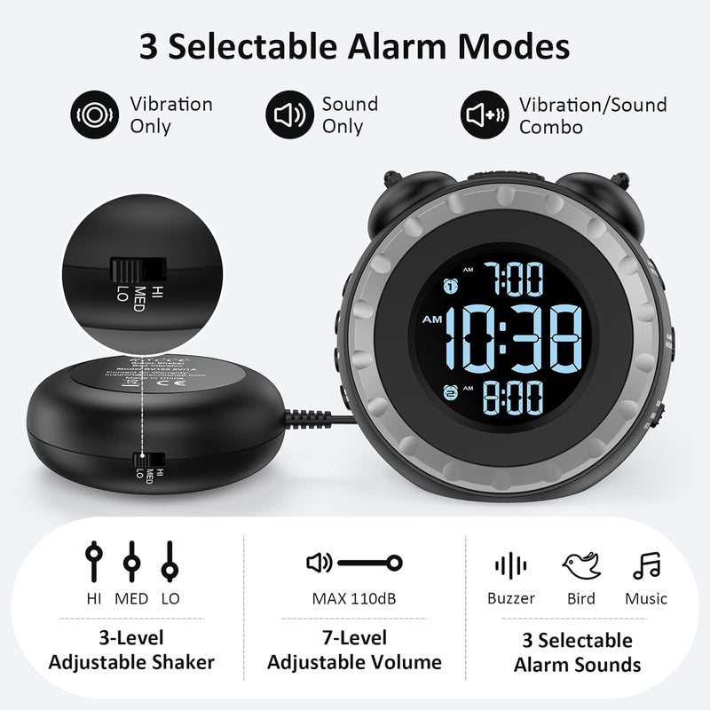 uscce Loud Dual Alarm Clock with Bed Shaker - Vibrating Alarm Clock for Heavy Sleepers, USB Charging Port, Snooze, Battery Backup - Image 5