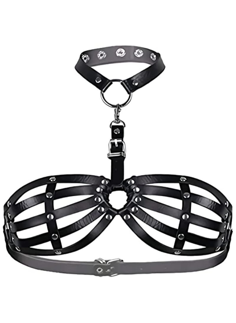 Leather Cupless Strappy O-Ring Open Caged Body Harness Bra Top